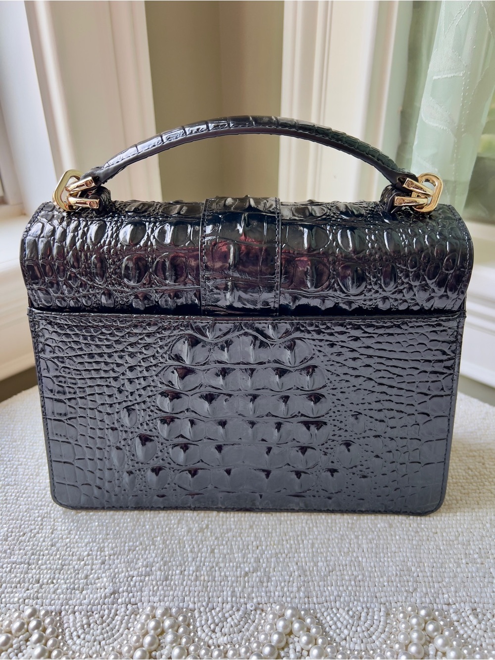 New Brahmin Leather SMALL HALLIE Satchel Bag, Croc-Embossed, Black Melbourne - Picture 4 of 10